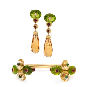PRINCE DIMITRI, MULTIGEM AND YELLOW GOLD BRACELET AND EARRINGS