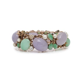 JADE, CULTURED PEARL, AND YELLOW GOLD BANGLE BRACELET