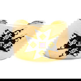 AMETHYST, PERIDOT, DIAMOND, ENAMEL, AND YELLOW GOLD CUFF BRACELET: AMETHYST, PERIDOT, DIAMOND, ENAMEL, AND YELLOW GOLD CUFF BRACELET Square cut amethyst, square cut peridots, round diamonds weighing approximately 0.80 carats total, and black enamel, hinged at the sid