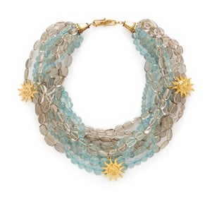 TONY DUQUETTE, ROCK CRYSTAL QUARTZ AND AQUAMARINE BEADED TORSADE NECKLACE