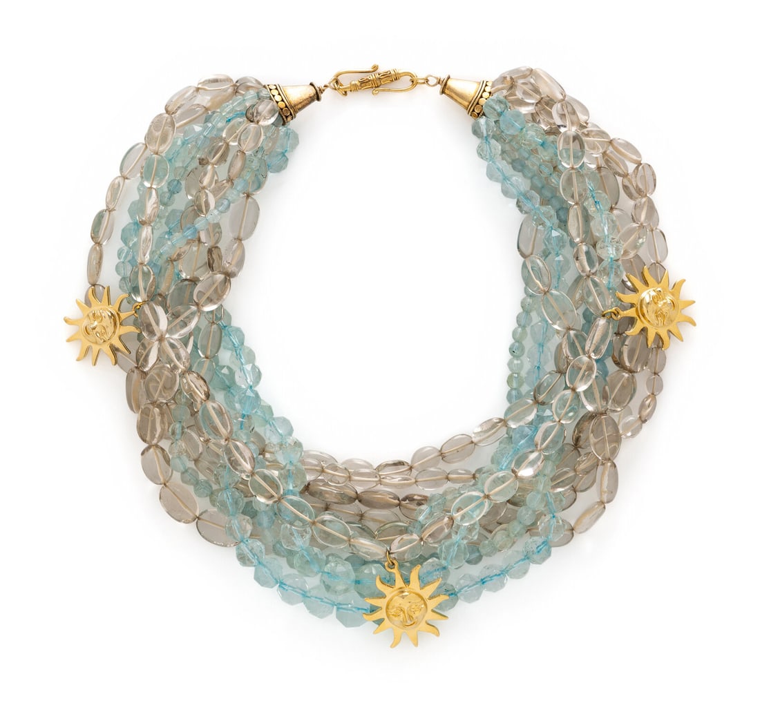 TONY DUQUETTE, ROCK CRYSTAL QUARTZ AND AQUAMARINE BEADED TORSADE NECKLACE (1 of 2)