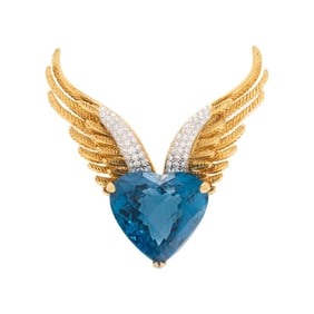 BLUE TOPAZ, DIAMOND, AND YELLOW GOLD WINGED HEART BROOCH
