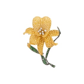 YELLOW SAPPHIRE, DIAMOND, AND TSAVORITE GARNET FLOWER BROOCH