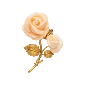 CARVED CORAL AND YELLOW GOLD ROSE BROOCH