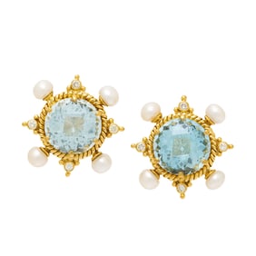 AQUAMARINE, CULTURED PEARL, DIAMOND, AND YELLOW GOLD EARRINGS