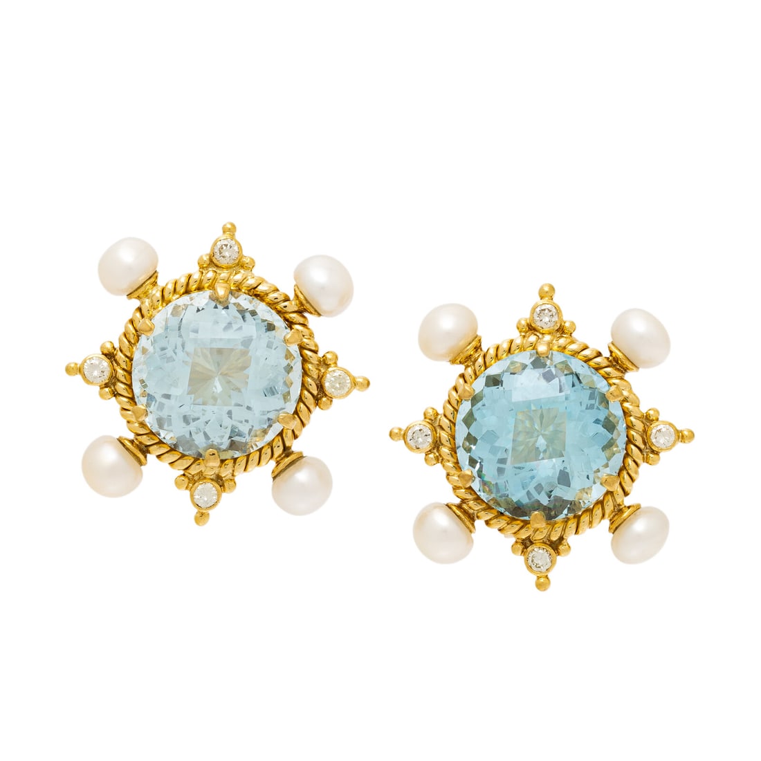 AQUAMARINE, CULTURED PEARL, DIAMOND, AND YELLOW GOLD EARRINGS: AQUAMARINE, CULTURED PEARL, DIAMOND, AND YELLOW GOLD EARRINGS Round checkerboard faceted aquamarines weighing approximately 19.00 carats total, round cultured pearls measuring approximately 5.50 mm, a