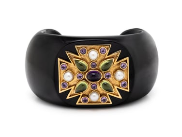 BLACK JADE, GREEN TOURMALINE, AMETHYST, AND CULTURED PEARL CUFF BRACELET