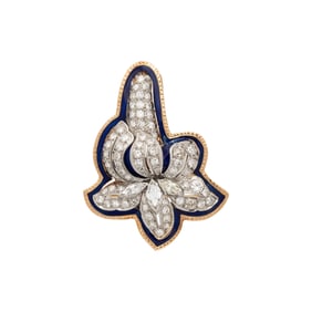 DIAMOND, PLATINUM, YELLOW GOLD, AND ENAMEL FLOWER BROOCH PENDANT
