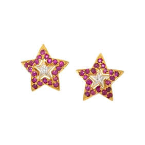 RUBY, DIAMOND, AND YELLOW GOLD STAR STUD EARRINGS