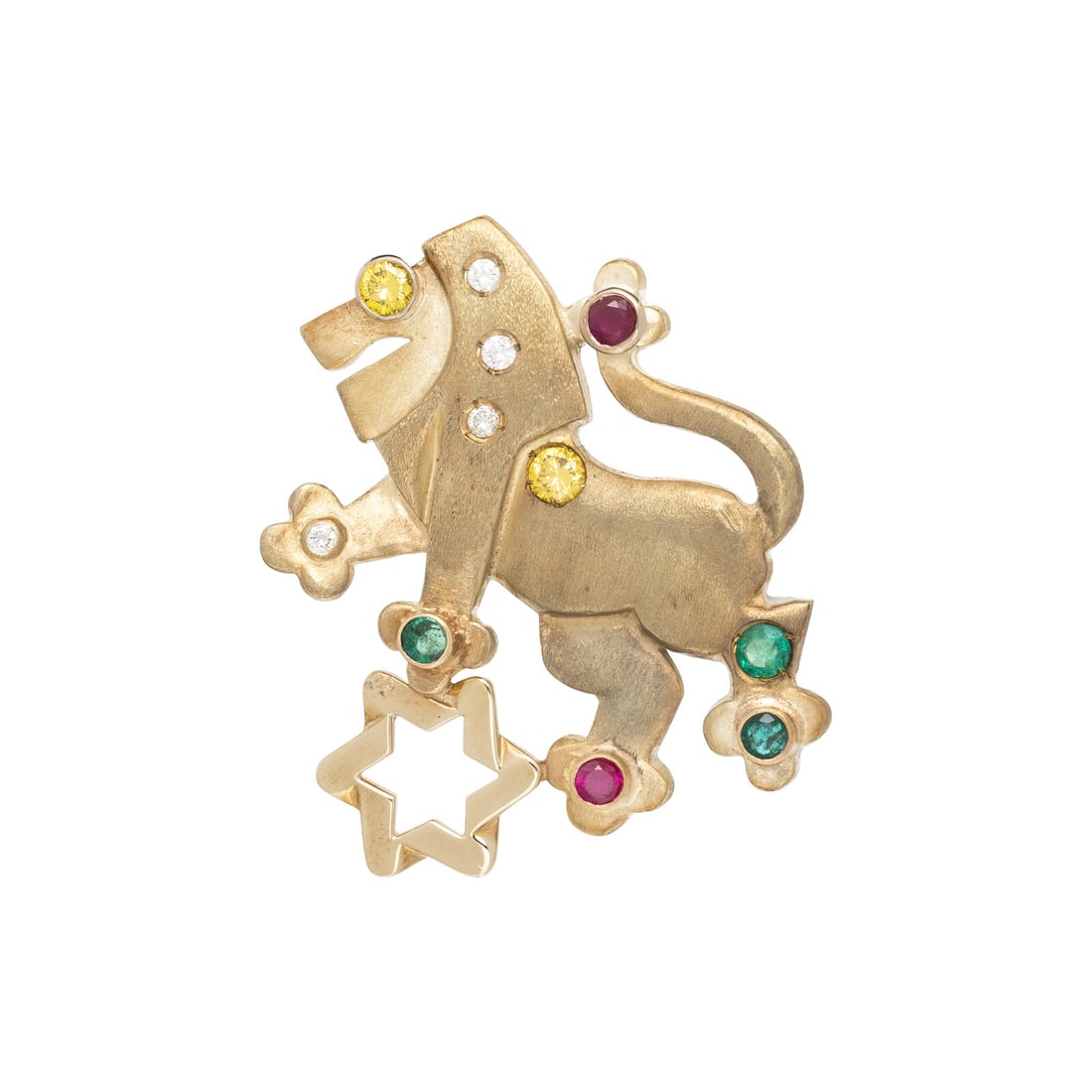 YELLOW DIAMOND, DIAMOND, EMERALD, AND RUBY LION BROOCH (1 of 2)