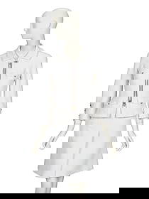 CHANEL, WHITE TWEED SKIRT SUIT: CHANEL, WHITE TWEED SKIRT SUIT THE FIRST Fitted jacket in white cotton-blend bouclé tweed. Spread collar. Above-wrist length incorporated sleeves with working three-button closures at sleeve hems