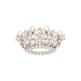 WHITE GOLD, DIAMOND, AND CULTURED PEARL CROWN BROOCH/PENDANT