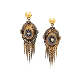 VICTORIAN, YELLOW GOLD, ENAMEL, AND SEED PEARL FRINGE EARRINGS