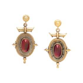VICTORIAN, GARNET, ENAMEL, AND YELLOW GOLD EARRINGS