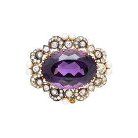 AMETHYST, CULTURED PEARL, AND DIAMOND BROOCH/PENDANT