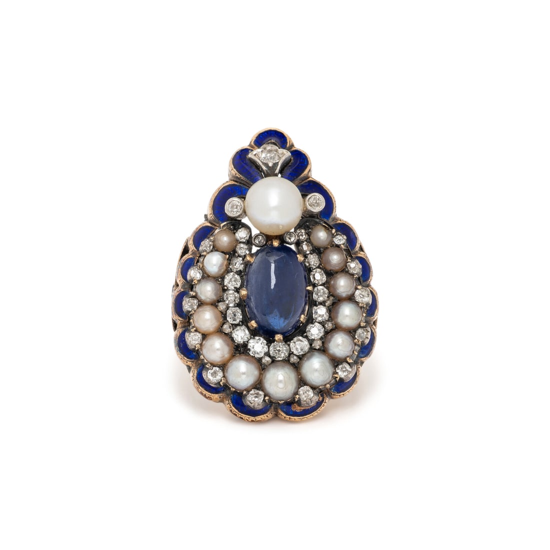 ANTIQUE, SAPPHIRE, DIAMOND, CULTURED PEARL AND ENAMEL RING (1 of 3)