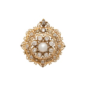 ANTIQUE, DIAMOND, MABÉ PEARL, AND YELLOW GOLD BROOCH