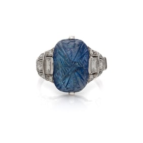 ART DECO, CARVED SAPPHIRE AND DIAMOND RING