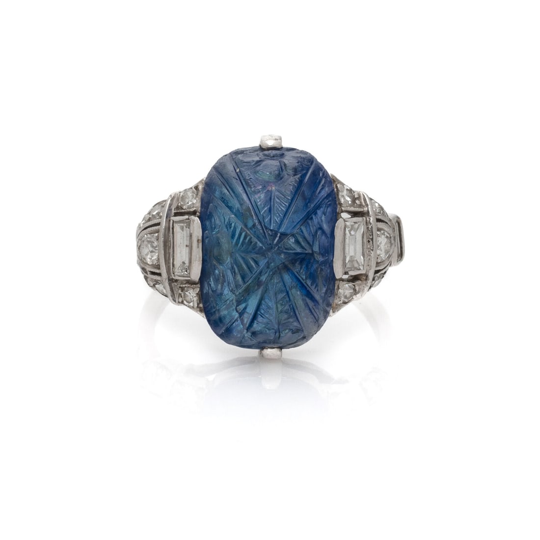 ART DECO, CARVED SAPPHIRE AND DIAMOND RING (1 of 3)