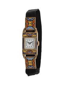 ART DECO, YELLOW GOLD AND ENAMEL WATCH