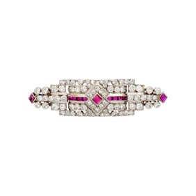 ART DECO, PLATINUM, DIAMOND, AND RUBY BROOCH