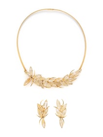 RUTILATED QUARTZ, DIAMOND, AND YELLOW GOLD NECKLACE AND EARRING SET