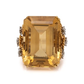 CITRINE, DIAMOND, AND YELLOW GOLD RING