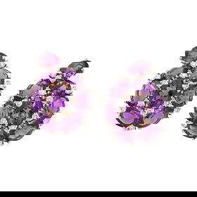 AMETHYST, DIAMOND, AND YELLOW GOLD EARRINGS: AMETHYST, DIAMOND, AND YELLOW GOLD EARRINGS Oval amethysts, and round diamonds weighing approximately 1.00 carat total. 18 karat yellow gold. 1 1/8 inches long. Stamp: 750 18K. Gross weight: 13.85 dwt