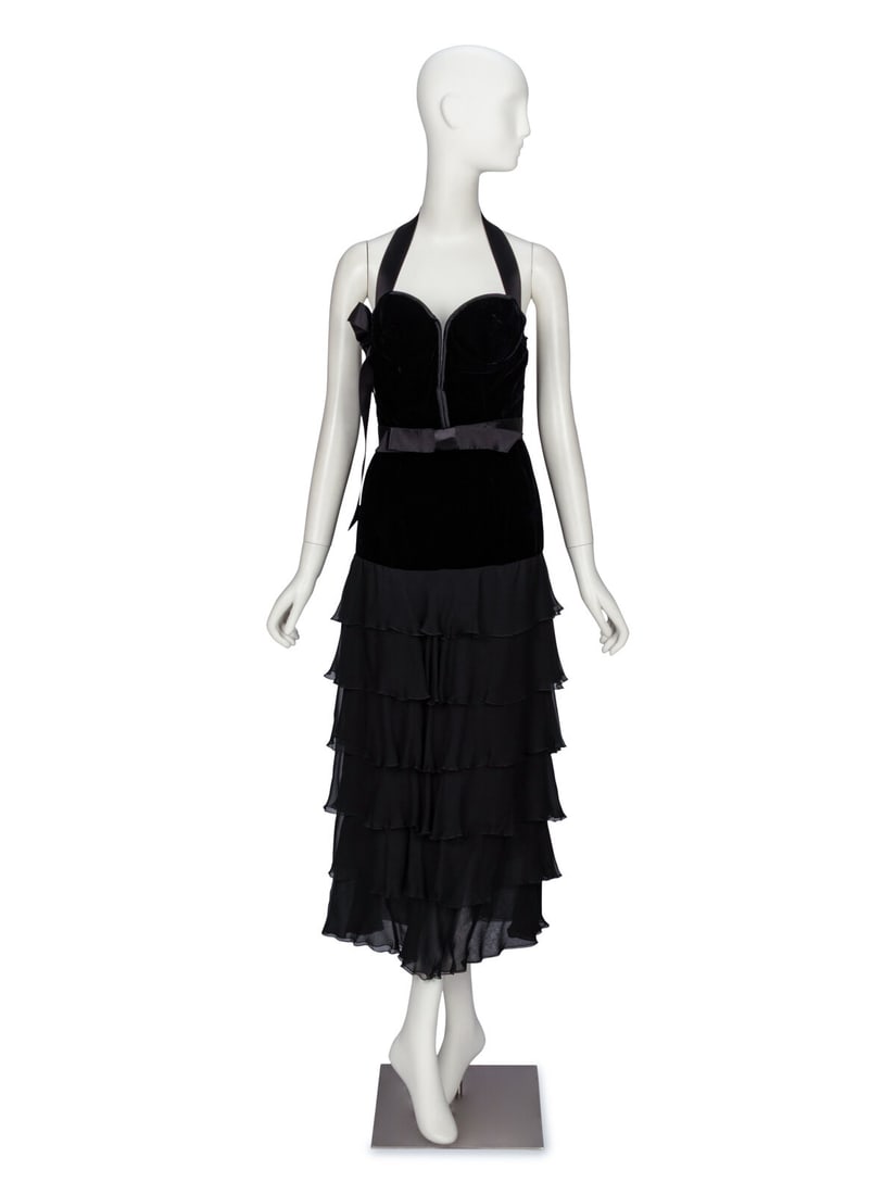 VALENTINO, BLACK VELVET & CHIFFON DRESS: VALENTINO, BLACK VELVET & CHIFFON DRESS Halter dress in black silk velvet with black satin trim and a tiered skirt of black chiffon ruffles. Sweetheart neckline with lightly padded cups and underw