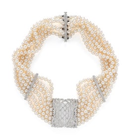 MULTISTRAND CULTURED PEARL AND DIAMOND CHOKER