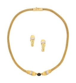 YELLOW GOLD AND MULTIGEM LION NECKLACE AND EARRINGS SET