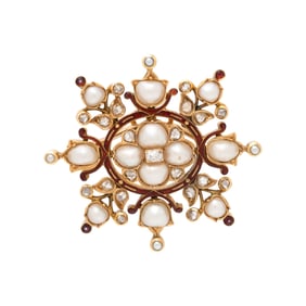 ANTIQUE, DIAMOND, SEED PEARL, ENAMEL, AND YELLOW GOLD BROOCH