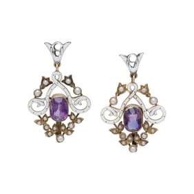 VICTORIAN, AMETHYST, SEED PEARL, ENAMEL, AND YELLOW GOLD EARRINGS
