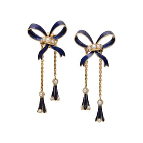 VICTORIAN, ENAMEL, SEED PEARL, AND YELLOW GOLD BOW EARRINGS
