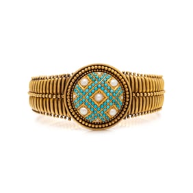 ANTIQUE, TURQUOISE, CULTURED PEARL, AND YELLOW GOLD BRACELET