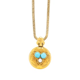 ANTIQUE, YELLOW GOLD, TURQUOISE AND SEED PEARL PENDANT ON CHAIN