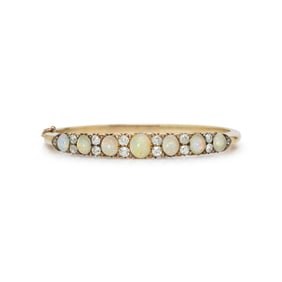ANTIQUE, OPAL, DIAMOND, AND YELLOW GOLD BANGLE BRACELET