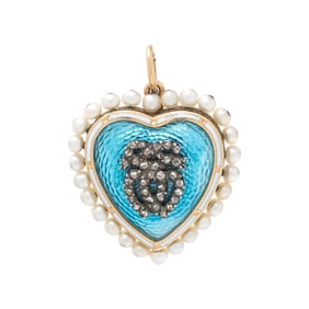VICTORIAN, DIAMOND, ENAMEL, SEED PEARL, AND YELLOW GOLD HEART BROOCH/PENDANT