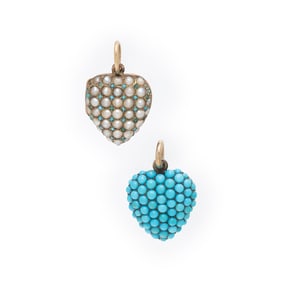 ANTIQUE, TWO HEART LOCKETS WITH TURQUOISE AND SEED PEARLS