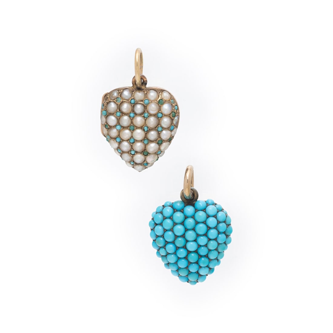ANTIQUE, TWO HEART LOCKETS WITH TURQUOISE AND SEED PEARLS (1 of 3)
