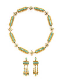 VICTORIAN, YELLOW GOLD, TURQUOISE, AND ENAMEL NECKLACE AND EARRINGS