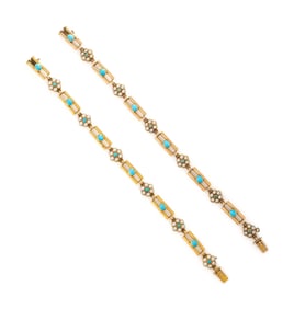 ANTIQUE, PAIR OF TURQUOISE, SEED PEARL, AND YELLOW GOLD BRACELETS