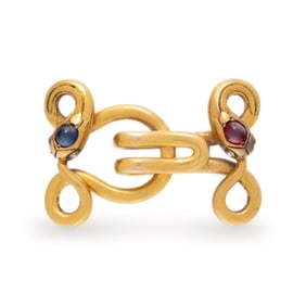 FRENCH, SAPPHIRE, RUBY, DIAMOND, AND YELLOW GOLD DOUBLE SNAKE OUROBOROS BROOCH