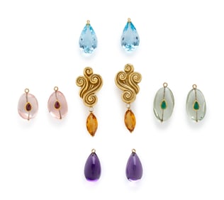 YELLOW GOLD SWIRL EARRINGS WITH FIVE PAIRS OF INTERCHANGEABLE GEMSTONE DROPS