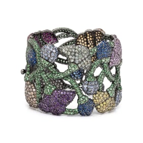 DIAMOND, COLORED DIAMOND, MULTICOLORED GEMSTONE, AND BLACKENED GOLD FLOWER CUFF BRACELET