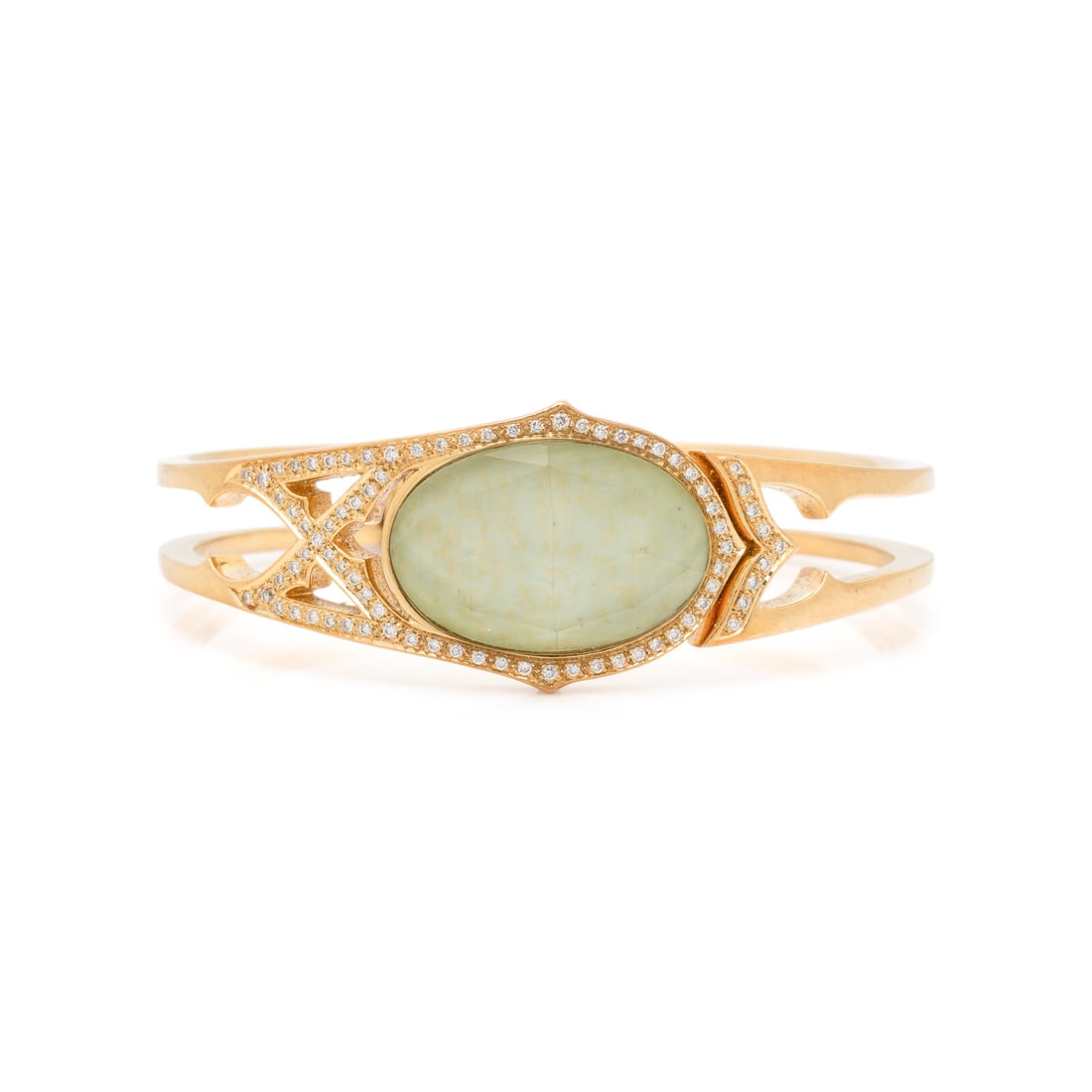 STEPHEN WEBSTER, 'CRYSTAL HAZE' QUARTZ, DIAMOND, AND YELLOW GOLD BRACELET: STEPHEN WEBSTER, 'CRYSTAL HAZE' QUARTZ, DIAMOND, AND YELLOW GOLD BRACELET Oval checkerboard faceted quartz doublet and round diamonds weighing approximately 0.25 carat total. 14 karat yellow gold. 6 1