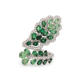 SALAVETTI, TSAVORITE GARNET, DIAMOND, AND WHITE GOLD RING