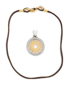 BULGARI, YELLOW GOLD AND STEEL SUN PENDANT AND BROWN LEATHER CORD