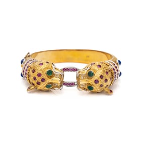 EMERALD, RUBY, DIAMOND, LAPIS LAZULI, AND YELLOW GOLD LEOPARD BANGLE BRACELET