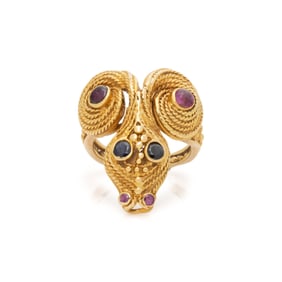 LALAOUNIS, YELLOW GOLD, RUBY, AND SAPPHIRE RING